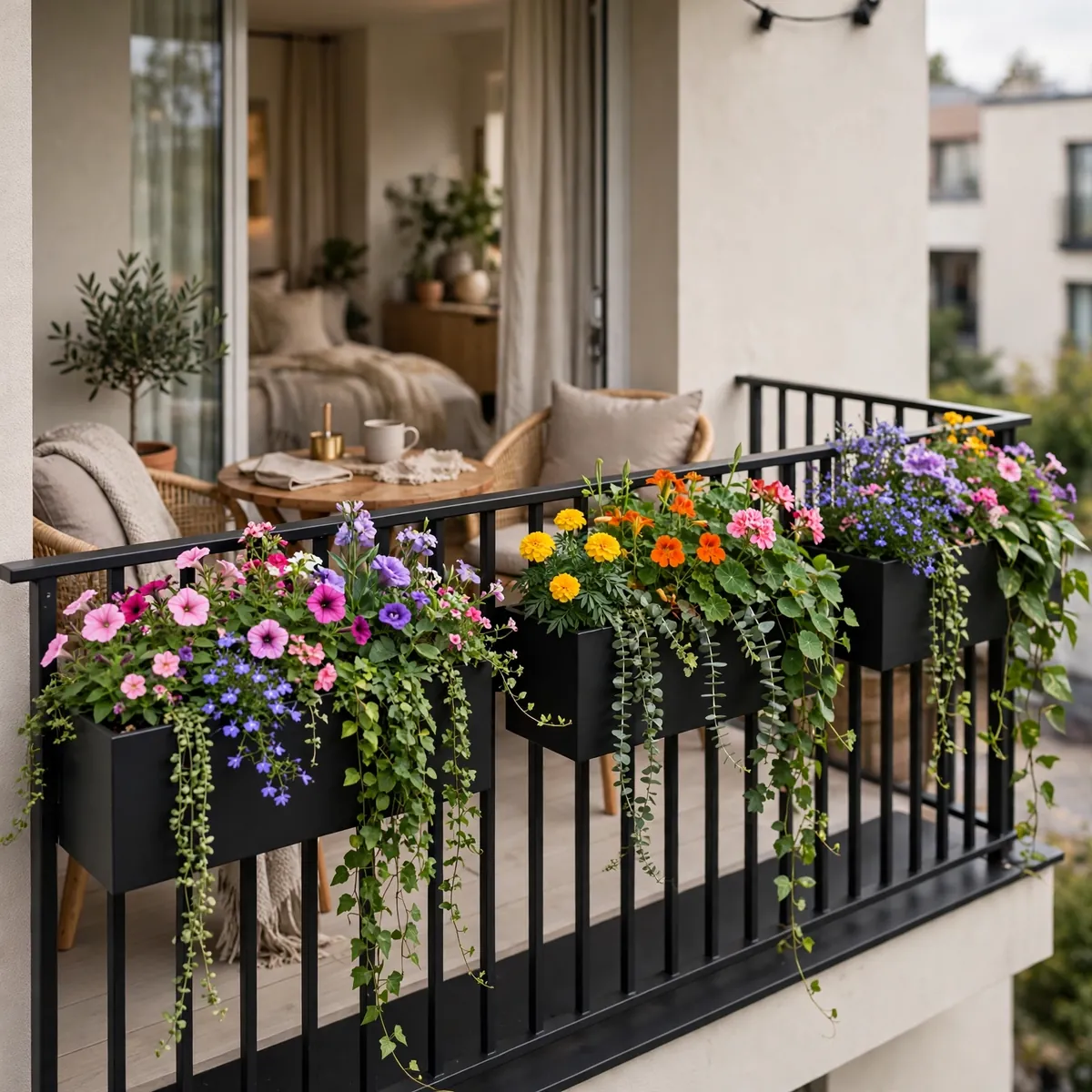small balcony decor ideas: flower-filled rail planters on a small balcony railing