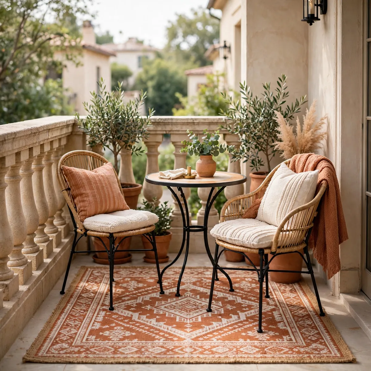 small balcony decor ideas: patterned outdoor rug anchoring a small balcony seating area