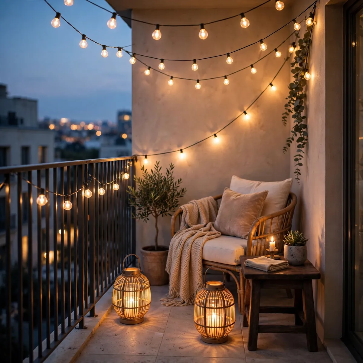small balcony decor ideas: warm string lights and lanterns glowing on a small balcony at dusk