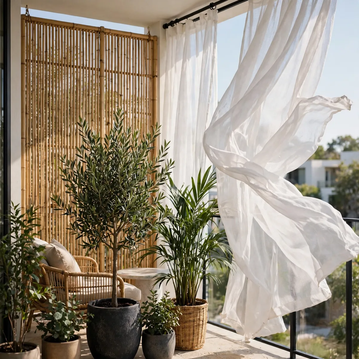 small balcony decor ideas: bamboo slatted screen and sheer outdoor curtains for balcony privacy
