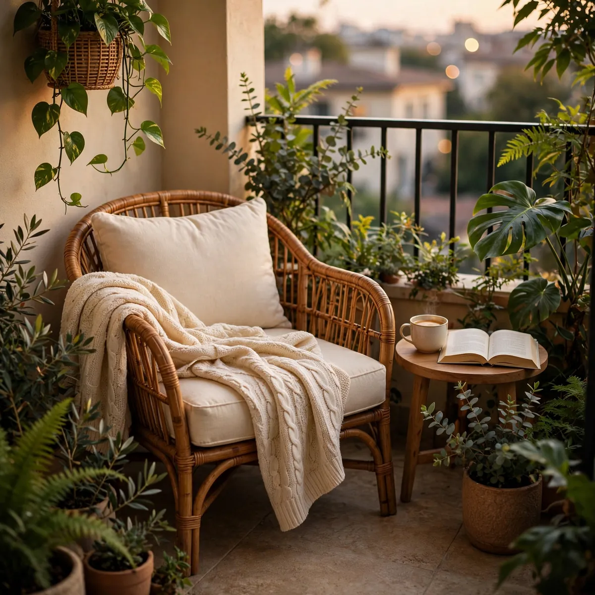 small balcony decor ideas: cozy rattan armchair nook with cushions and throw on a small balcony