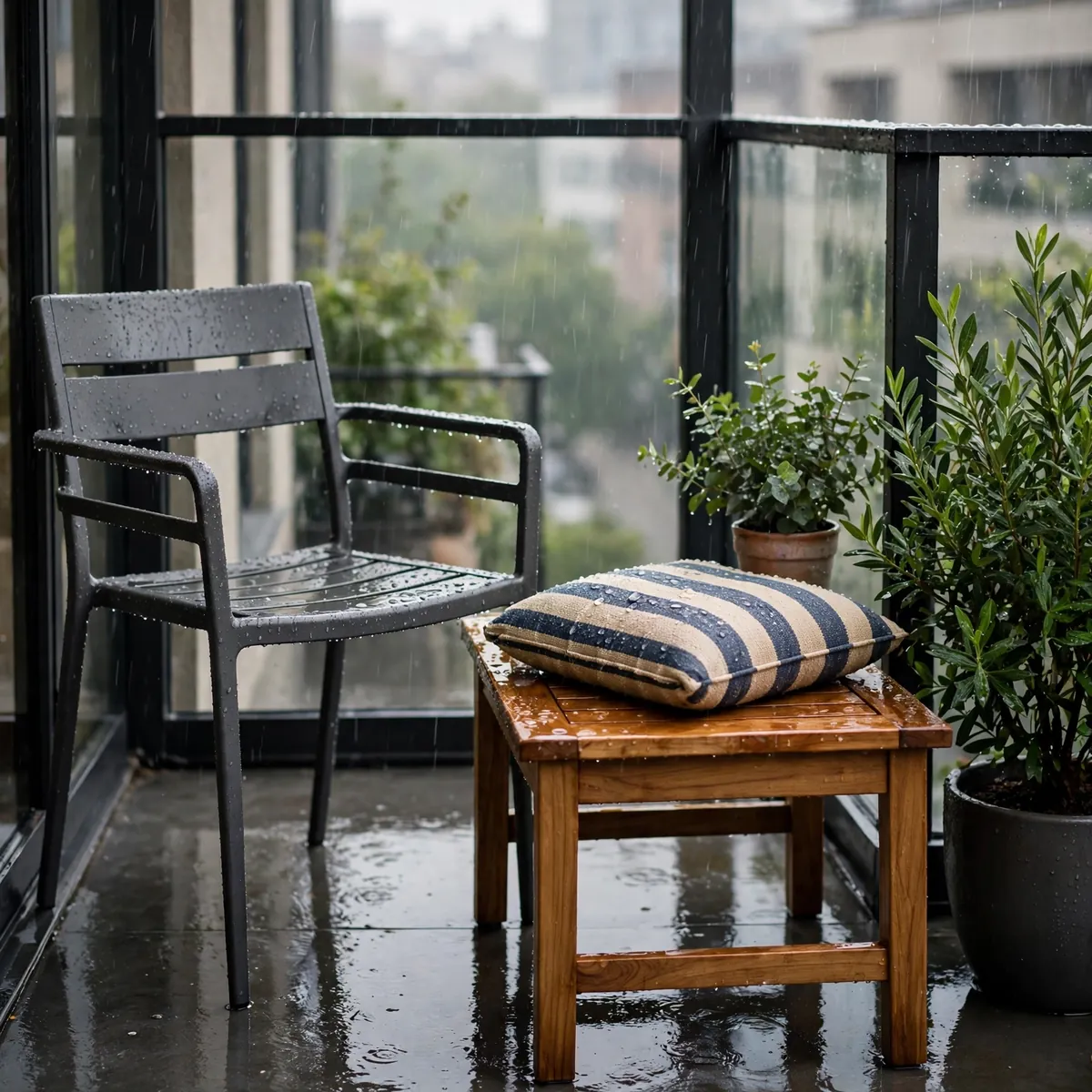 small balcony decor ideas: weatherproof powder-coated metal chair and teak table on a small balcony