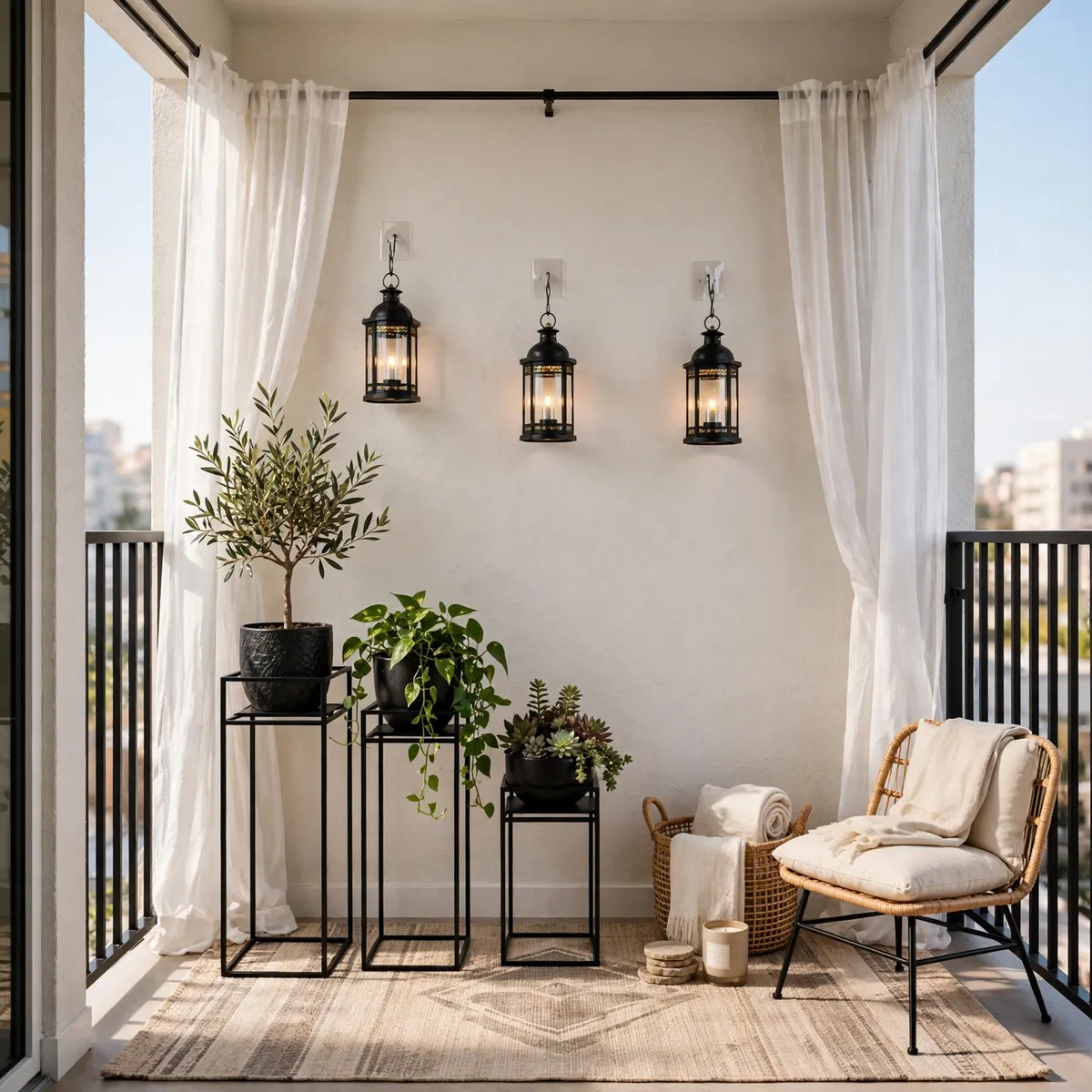 small balcony decor ideas: renter-friendly no-drill balcony decor with freestanding stands and removable hooks
