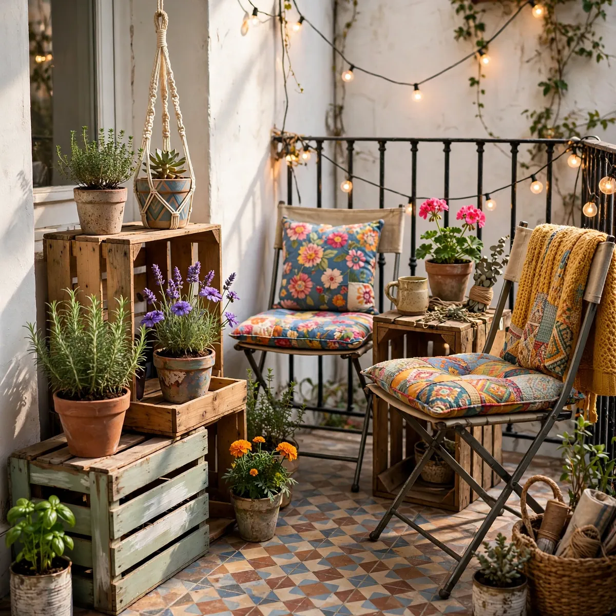 small balcony decor ideas: budget-friendly small balcony with crate plant stands and thrifted cushions
