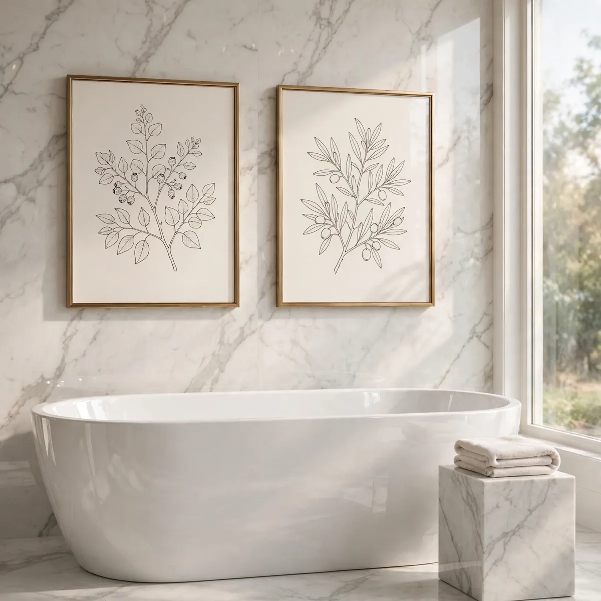 bathroom wall decor ideas: framed botanical prints in brass frames above a white freestanding tub