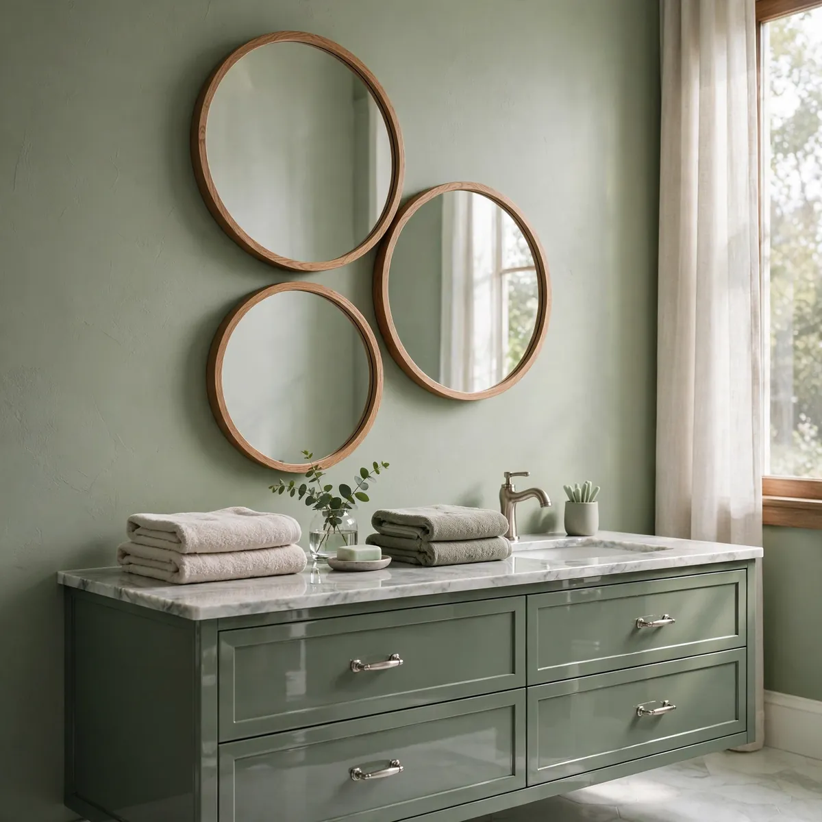 bathroom wall decor ideas: cluster of round oak-framed mirrors on a sage green bathroom wall