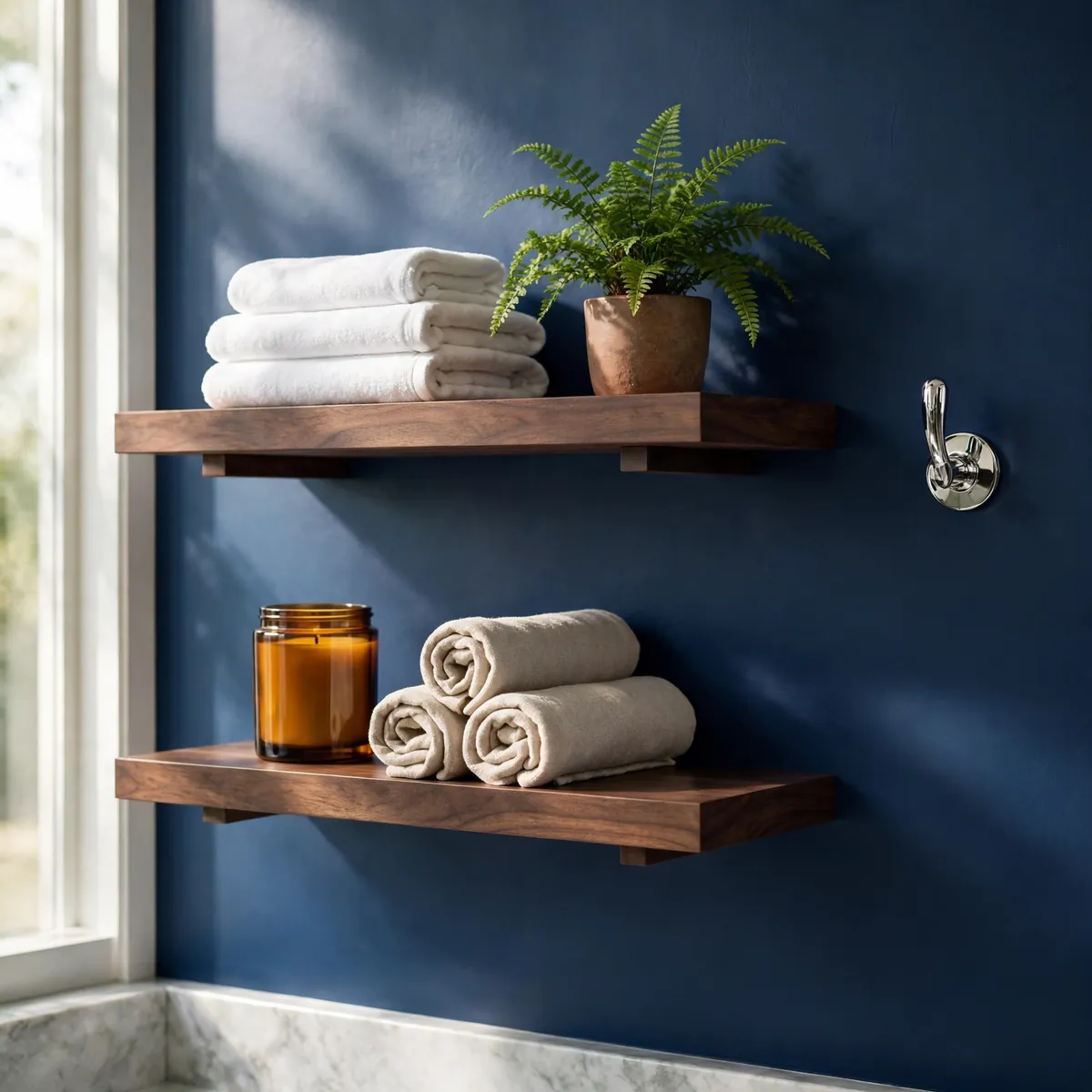 bathroom wall decor ideas: walnut floating shelves styled with towels and plants on a navy wall
