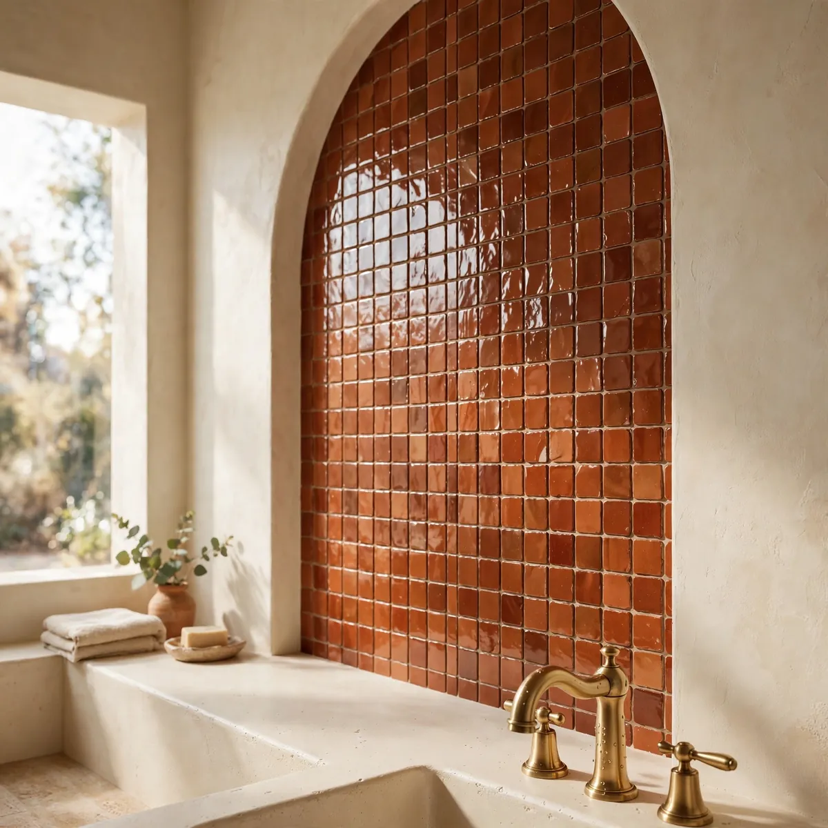bathroom wall decor ideas: terracotta zellige tile accent wall in an arch pattern
