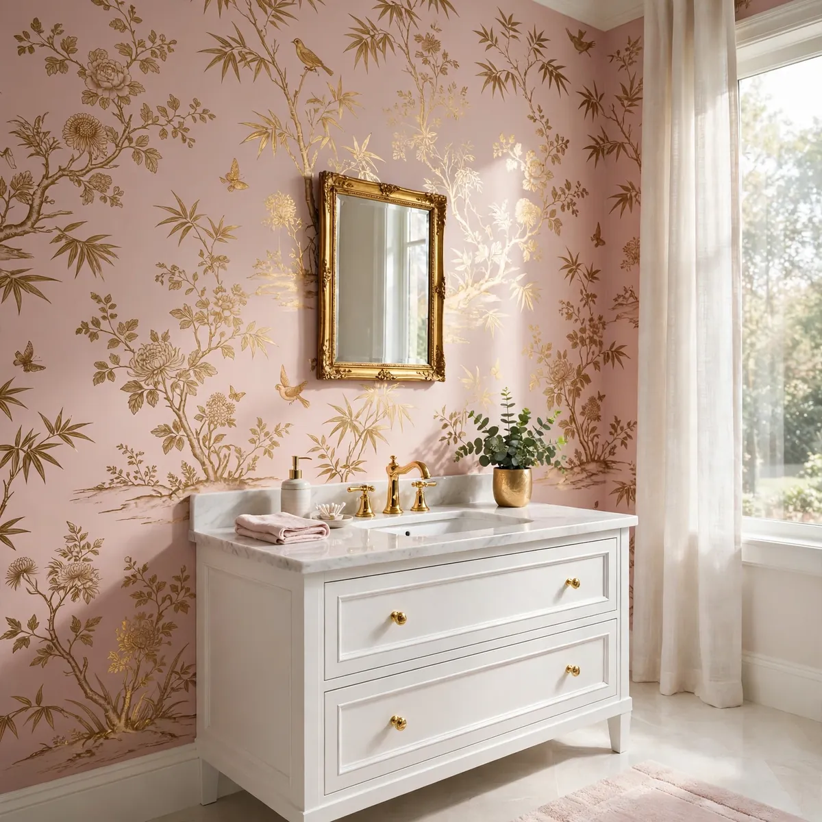 bathroom wall decor ideas: blush pink chinoiserie wallpaper with a gold faucet vanity