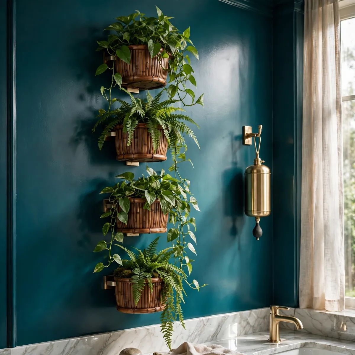 bathroom wall decor ideas: wall-mounted bamboo planters with trailing plants on a teal wall