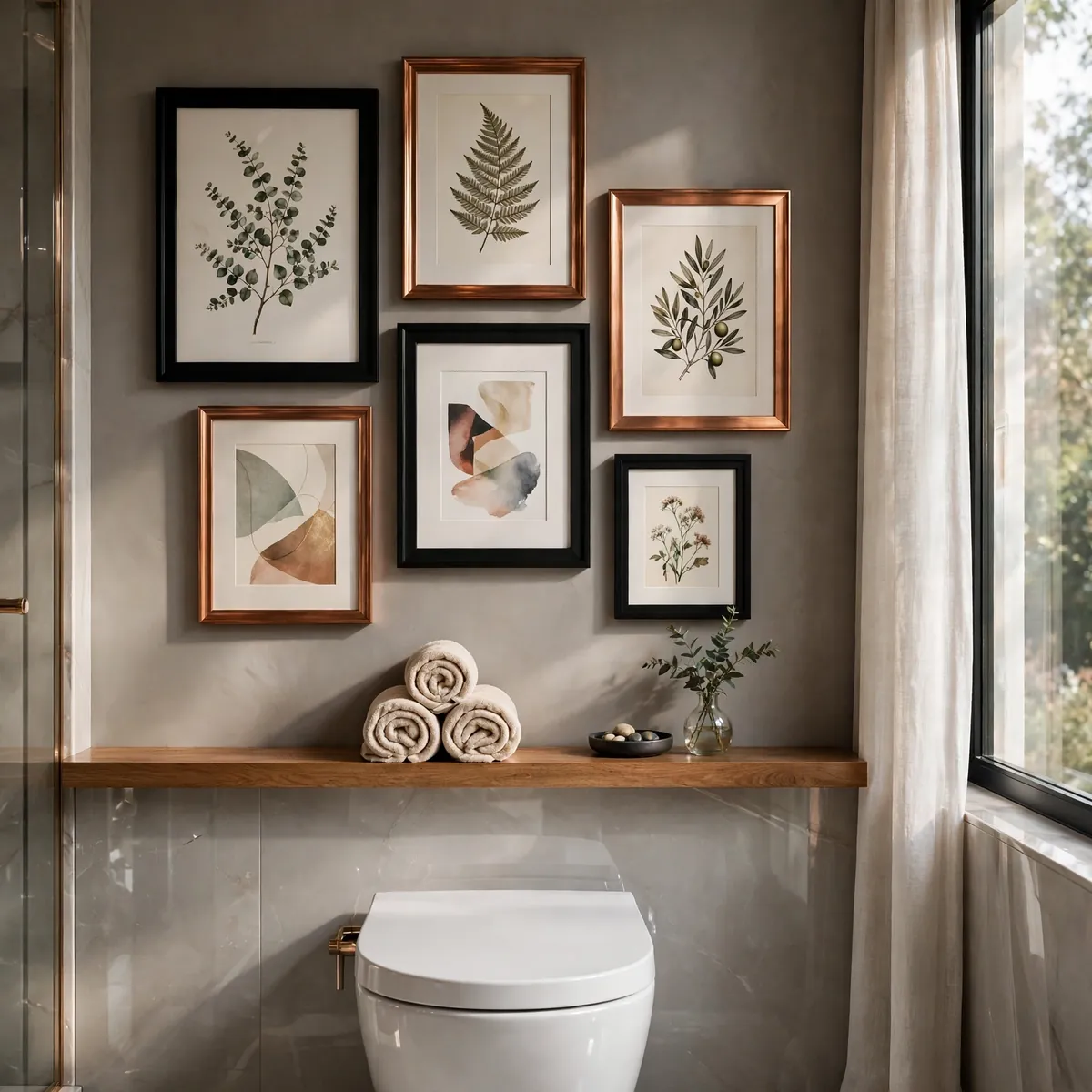 bathroom wall decor ideas: gallery wall of mixed frames above the toilet