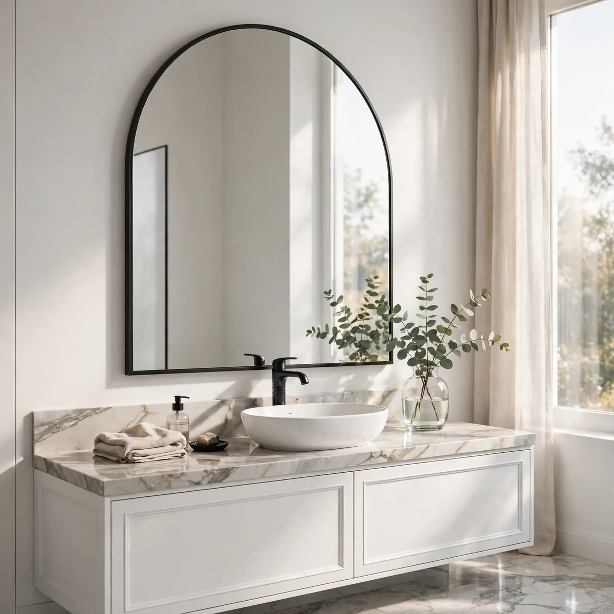 bathroom wall decor ideas: oversized arched black-framed mirror on a white bathroom wall