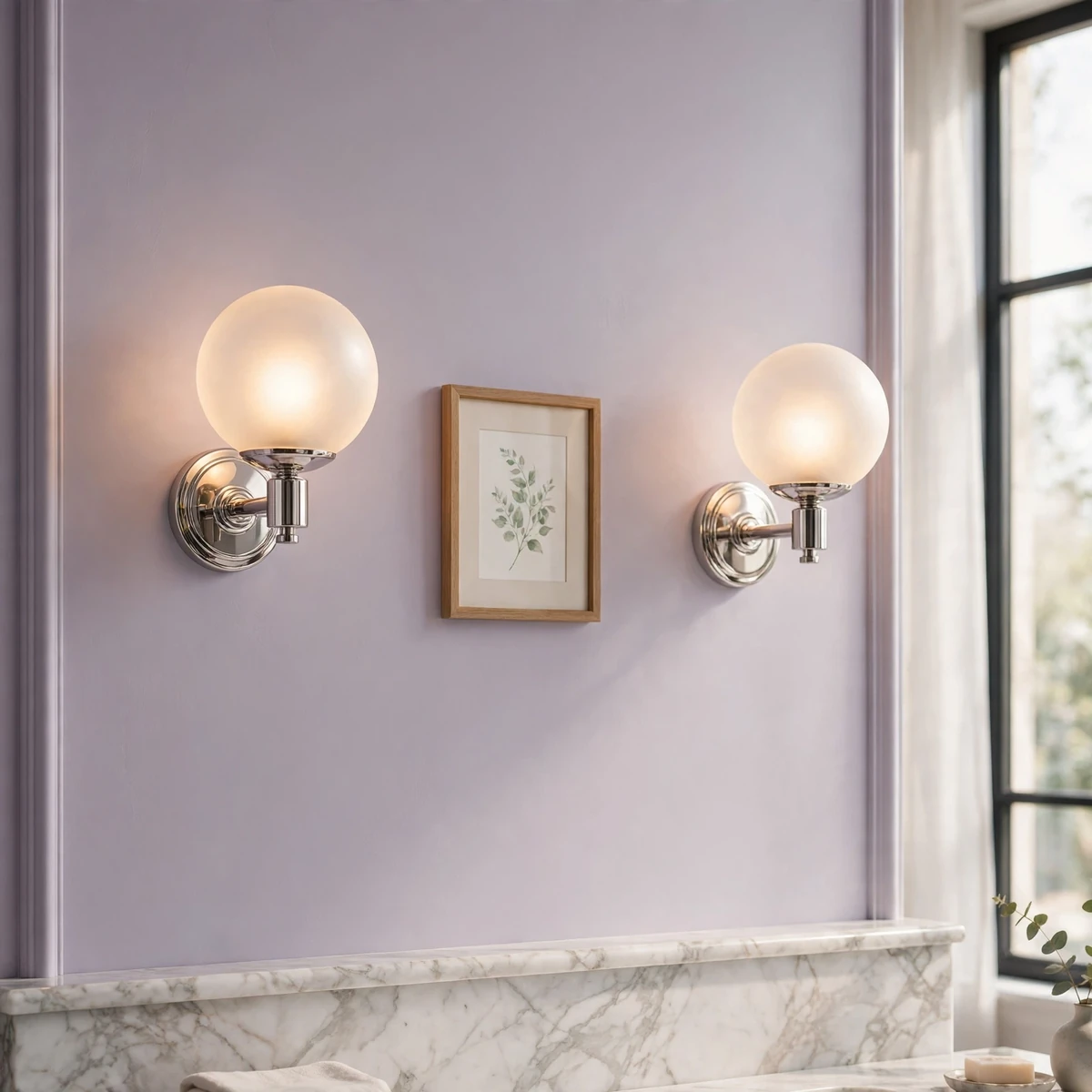 bathroom wall decor ideas: pair of globe wall sconces on a lavender bathroom wall