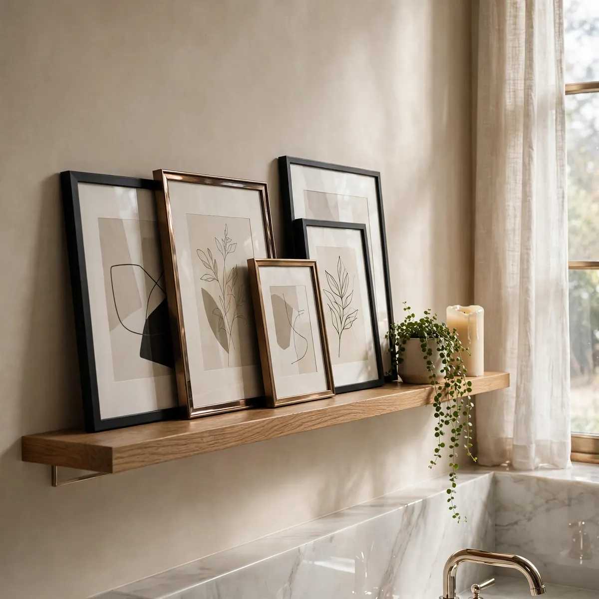 bathroom wall decor ideas: oak picture ledge with leaning framed prints