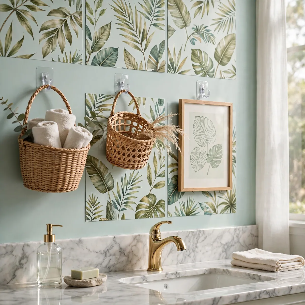 bathroom wall decor ideas: renter-friendly peel-and-stick wallpaper and adhesive hooks with rattan baskets