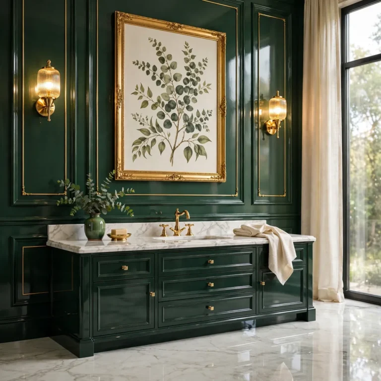 bathroom wall decor ideas: forest green feature wall with gold-framed art and glowing sconces