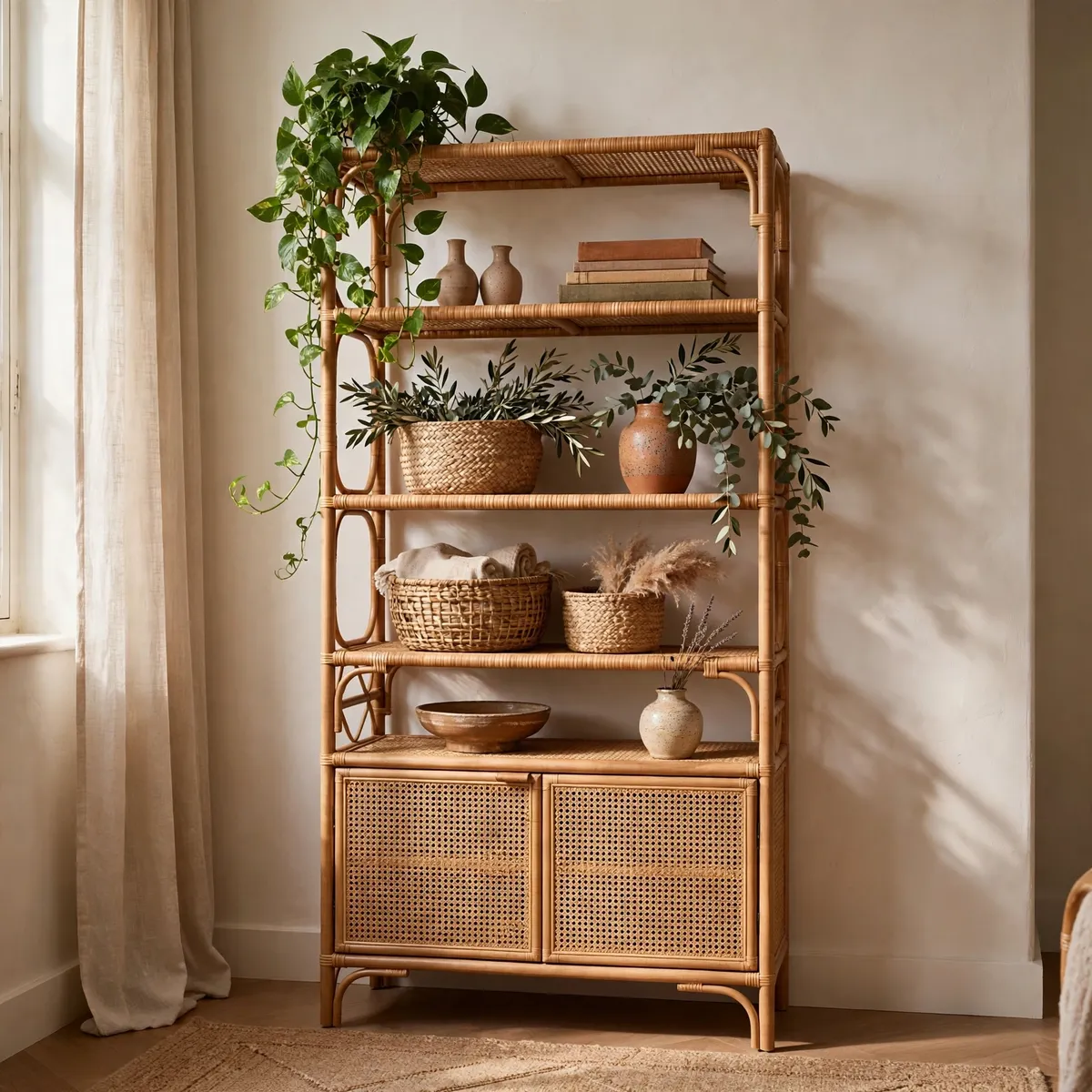 boho apartment: Go Vertical With a Rattan Shelving Wall