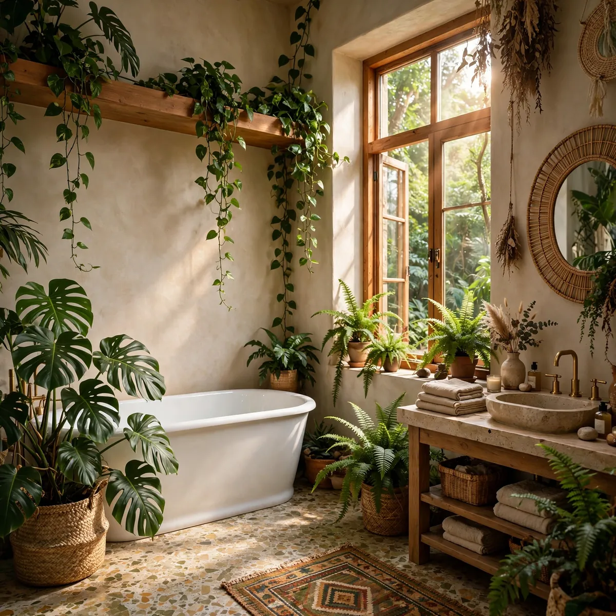 boho bathroom ideas: Let Plants Take Over the Corners