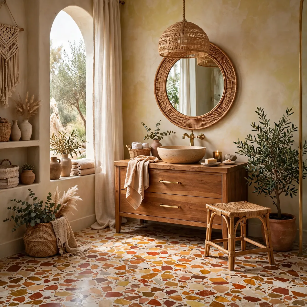boho bathroom ideas: Lay Terrazzo or Patterned Cement Tile