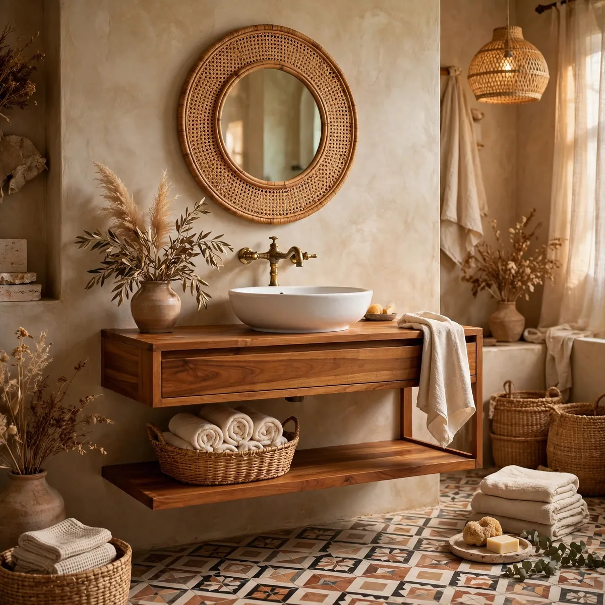 boho bathroom ideas: Choose a Warm Wood Vanity