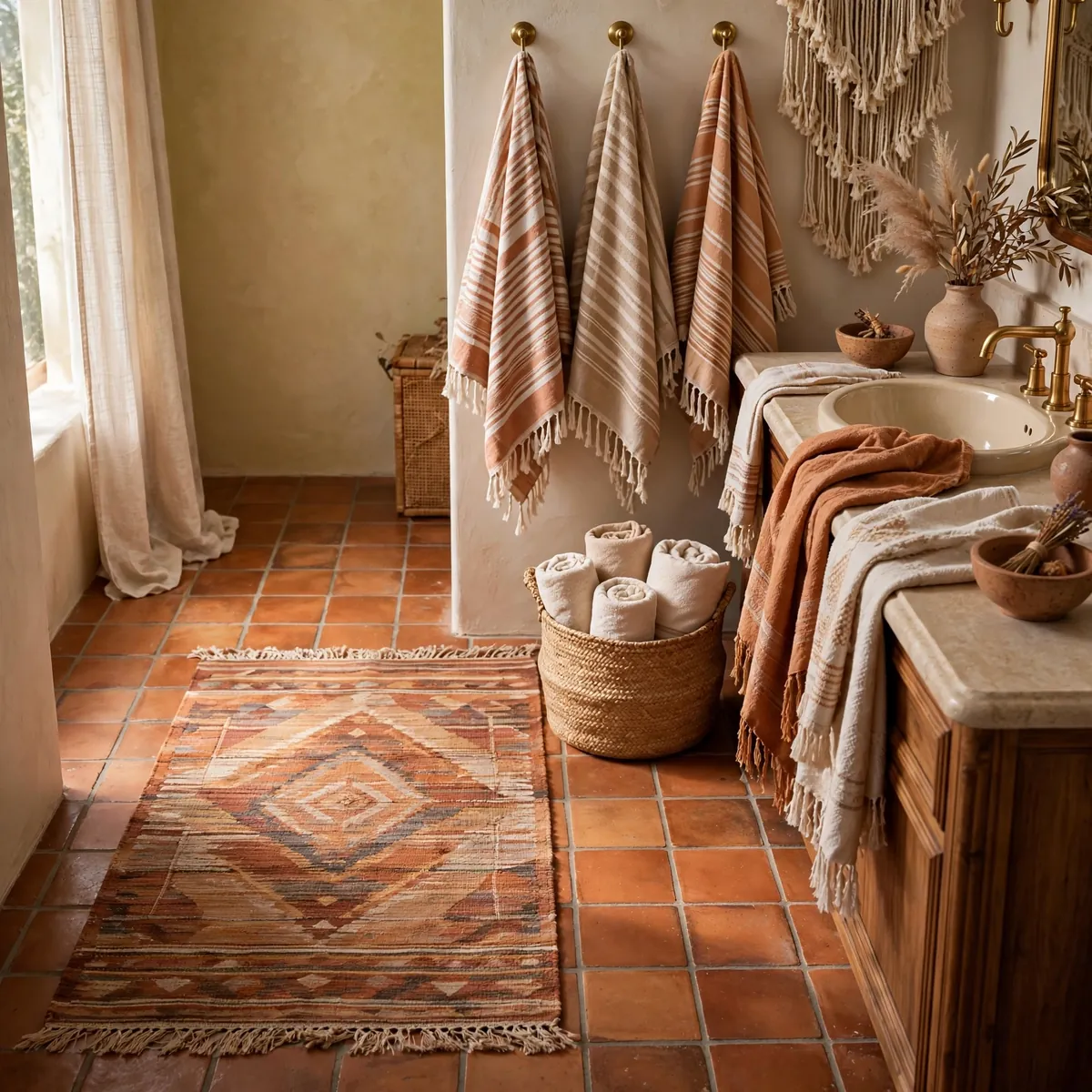 boho bathroom ideas: Layer Textiles Like You Mean It