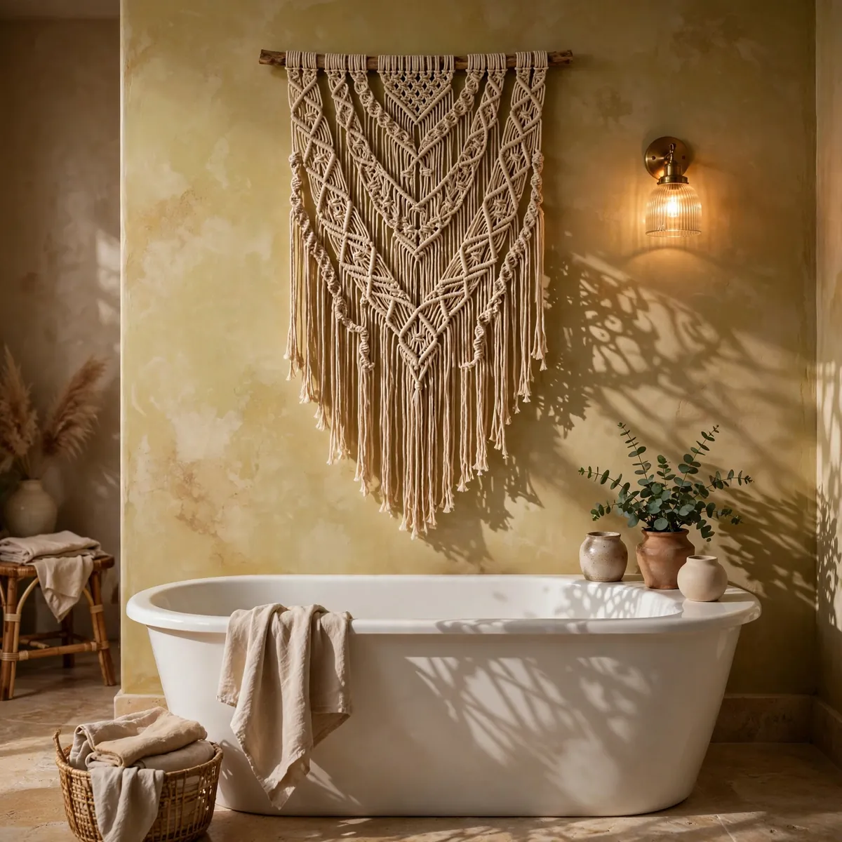 boho bathroom ideas: Hang a Macramé Piece Where Tile Ends
