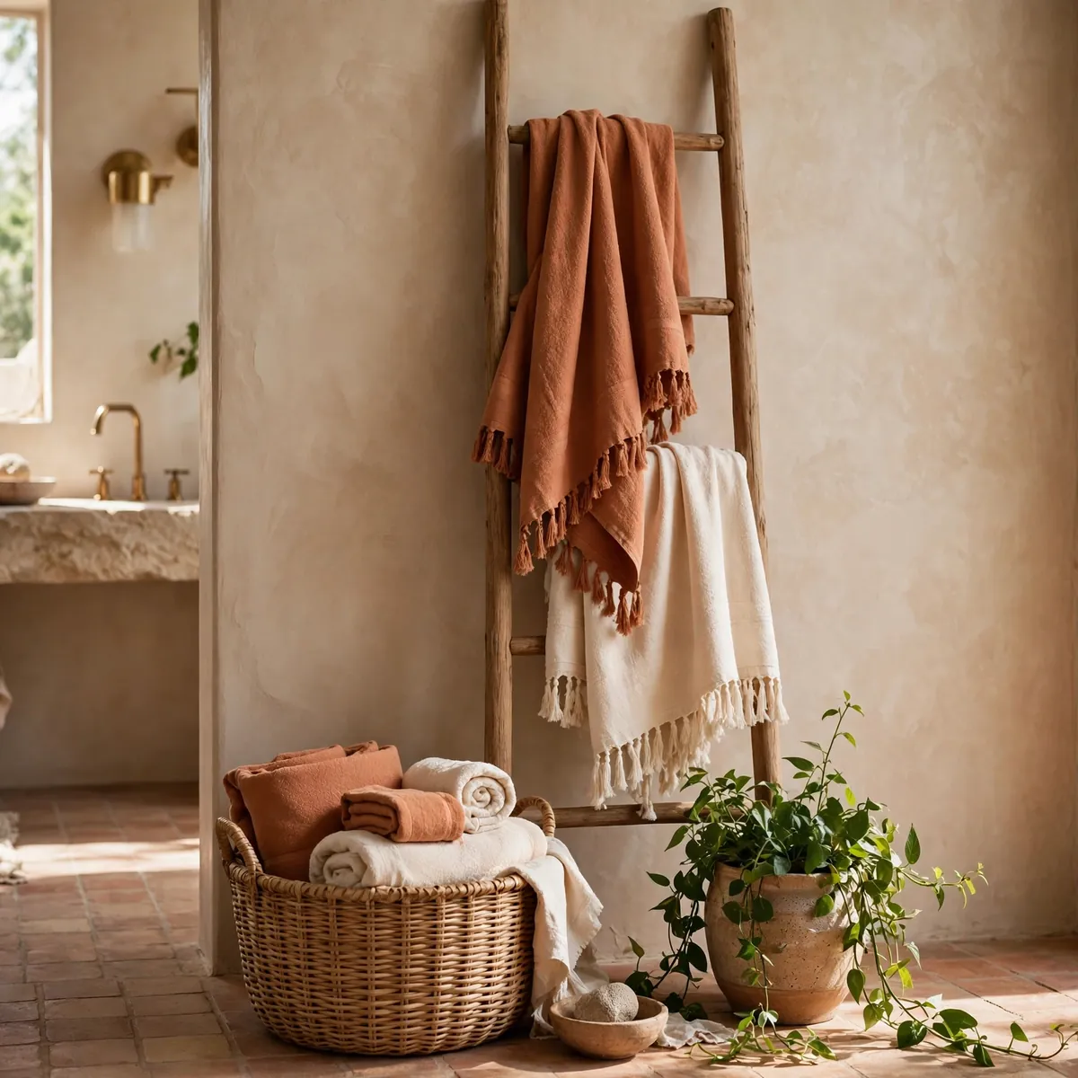 boho bathroom ideas: Drape Turkish Towels on a Ladder Rack