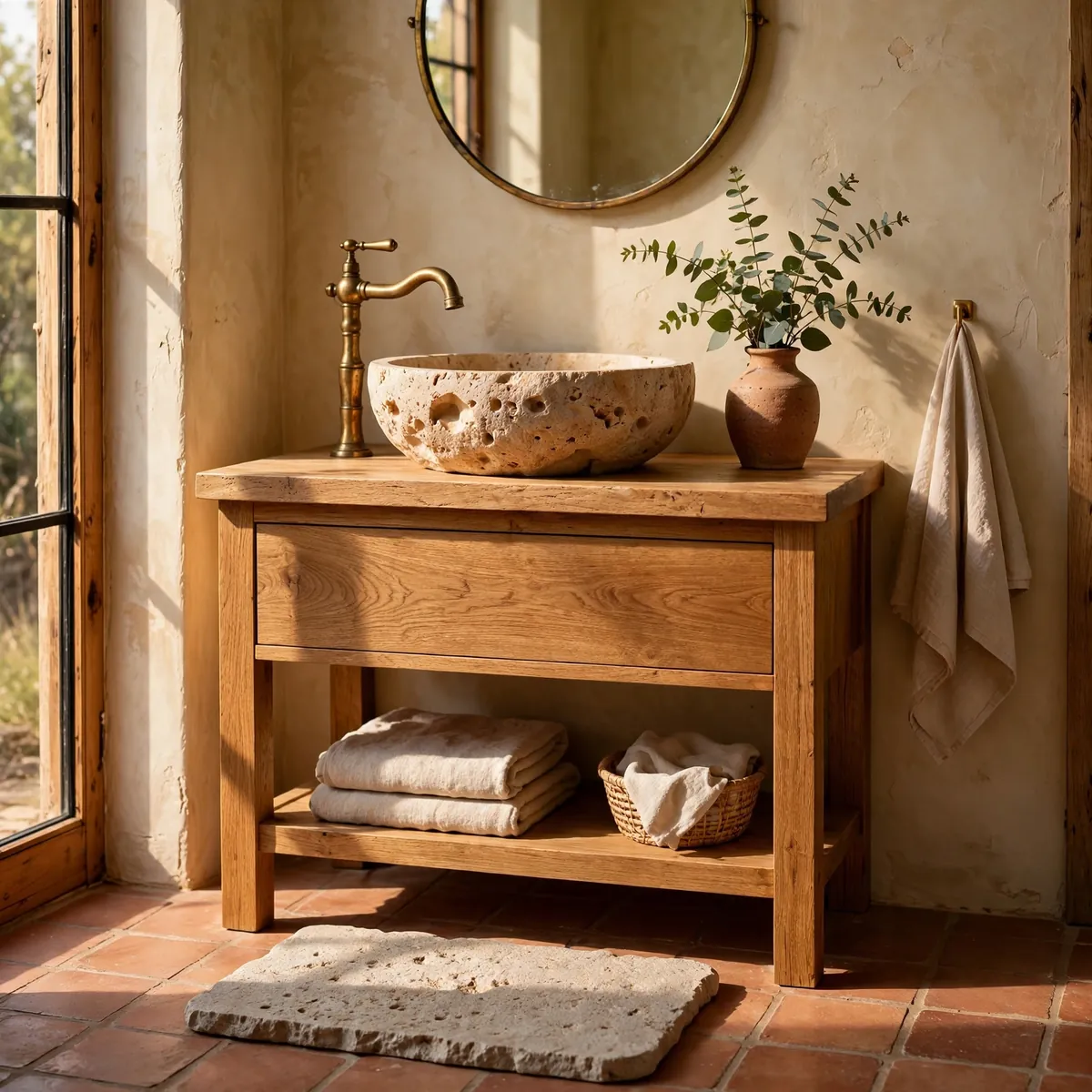 boho bathroom ideas: Bring In Travertine and Honed Stone