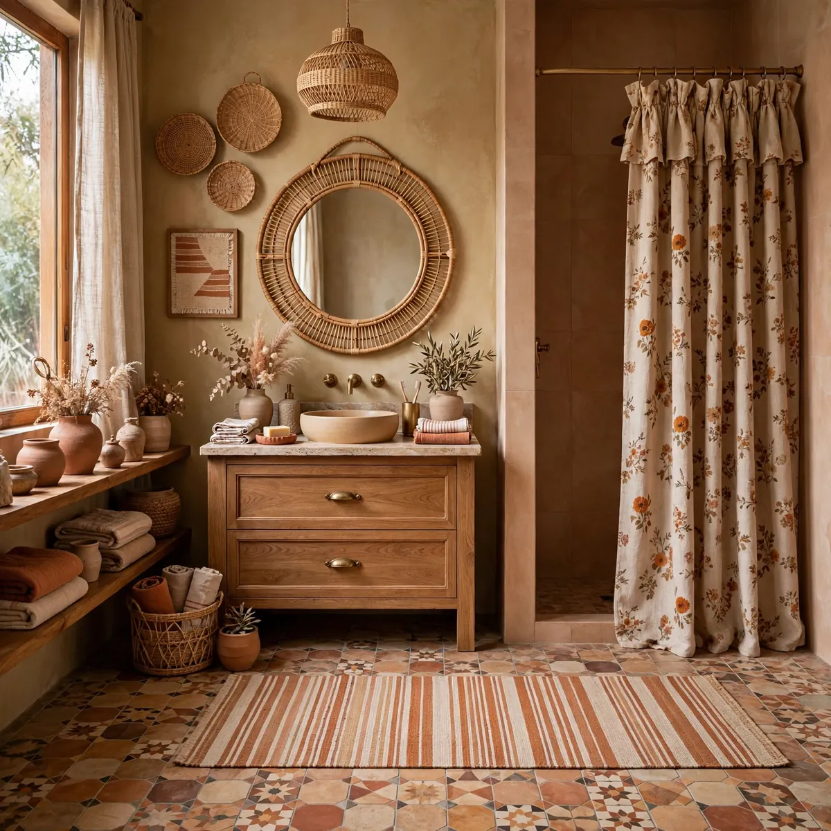 boho bathroom ideas: Mix Patterns Under One Undertone