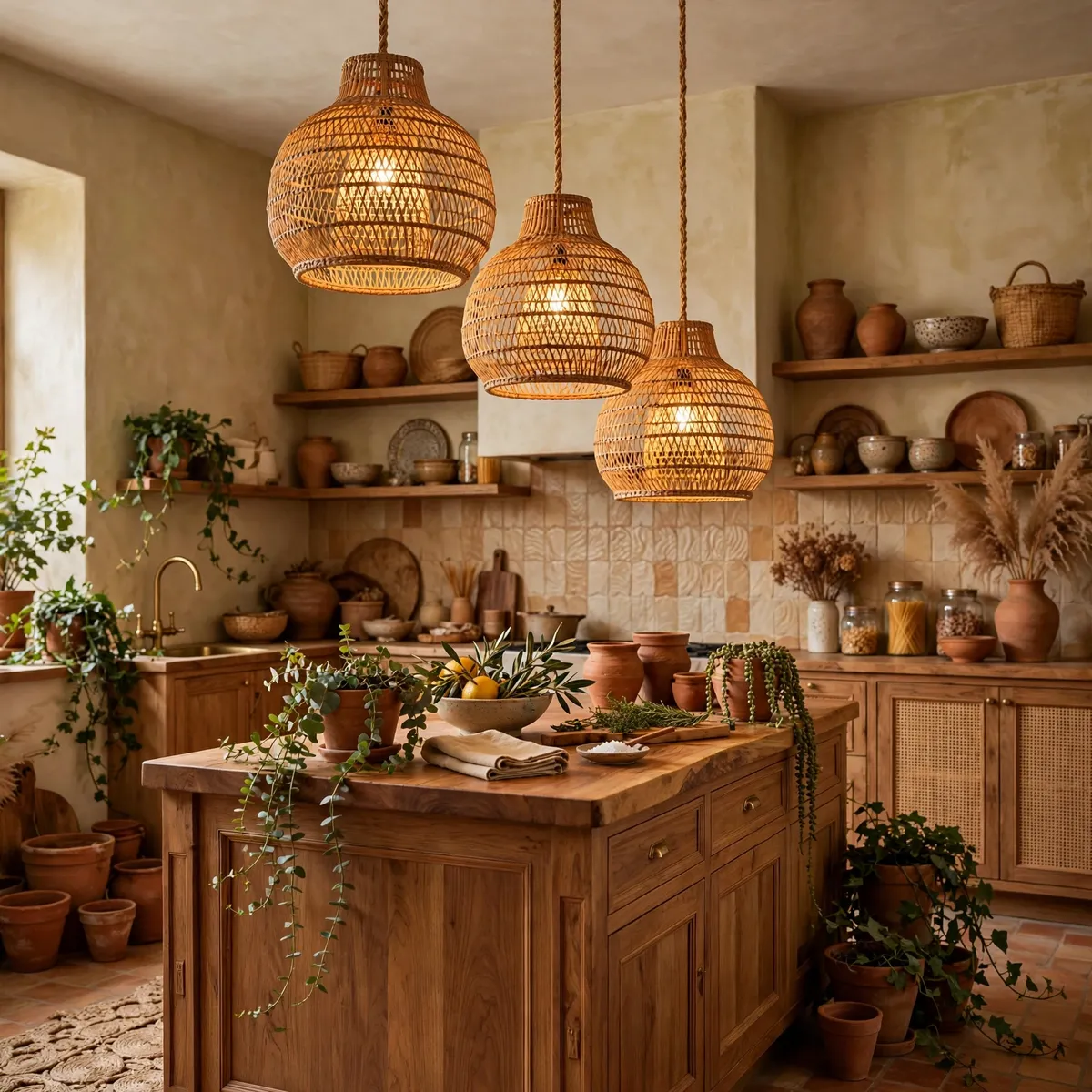boho kitchen ideas: Hang a Trio of Rattan Pendants