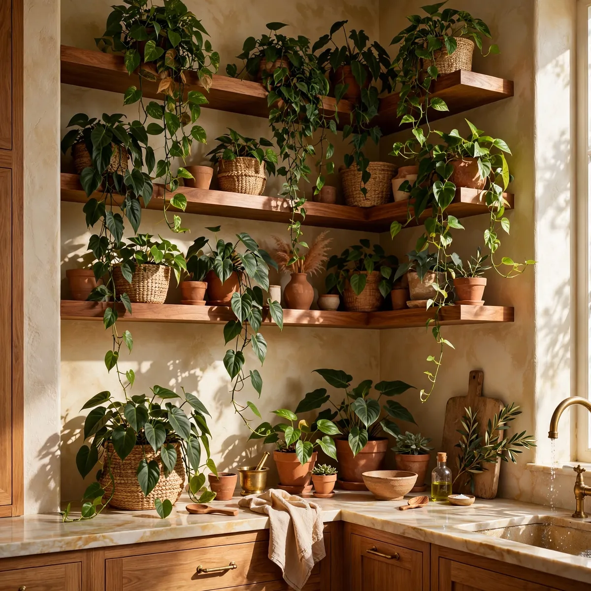 boho kitchen ideas: Let Trailing Plants Own the Upper Third