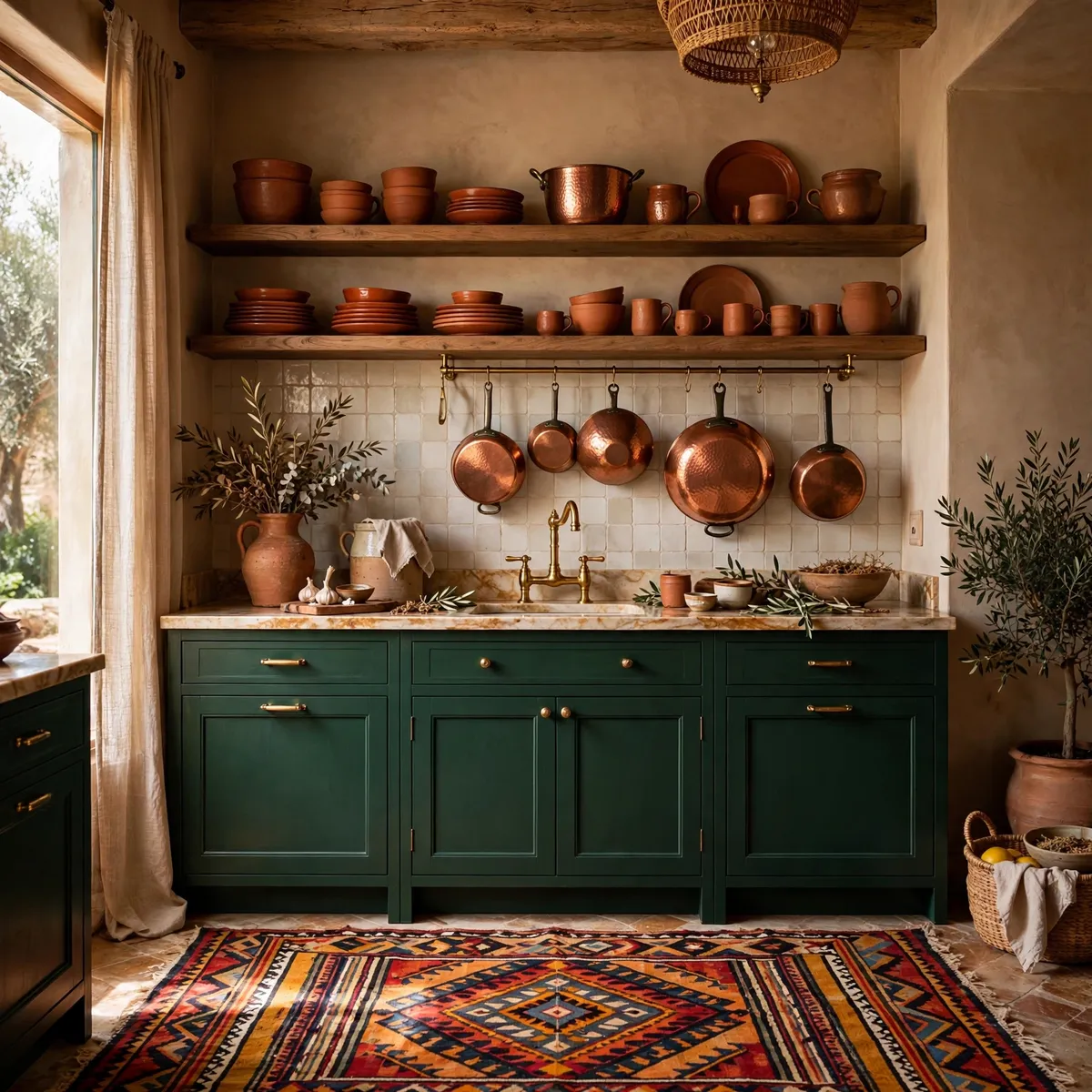 boho kitchen ideas: Go Deep Green With Terracotta and Copper