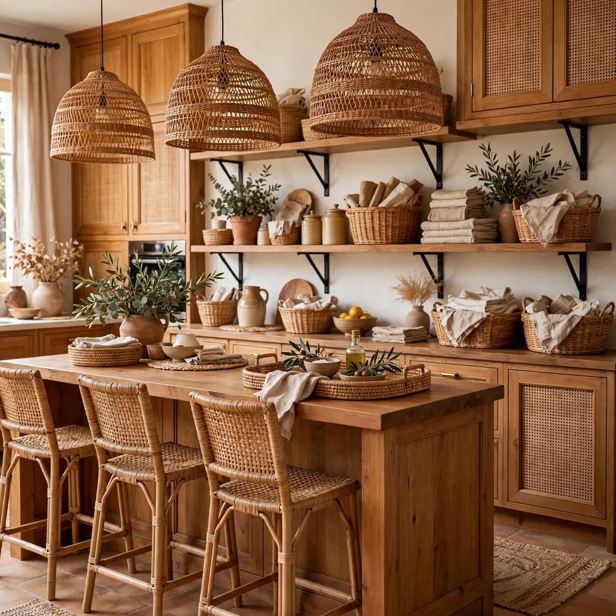 boho kitchen ideas: Repeat Rattan in at Least Four Places