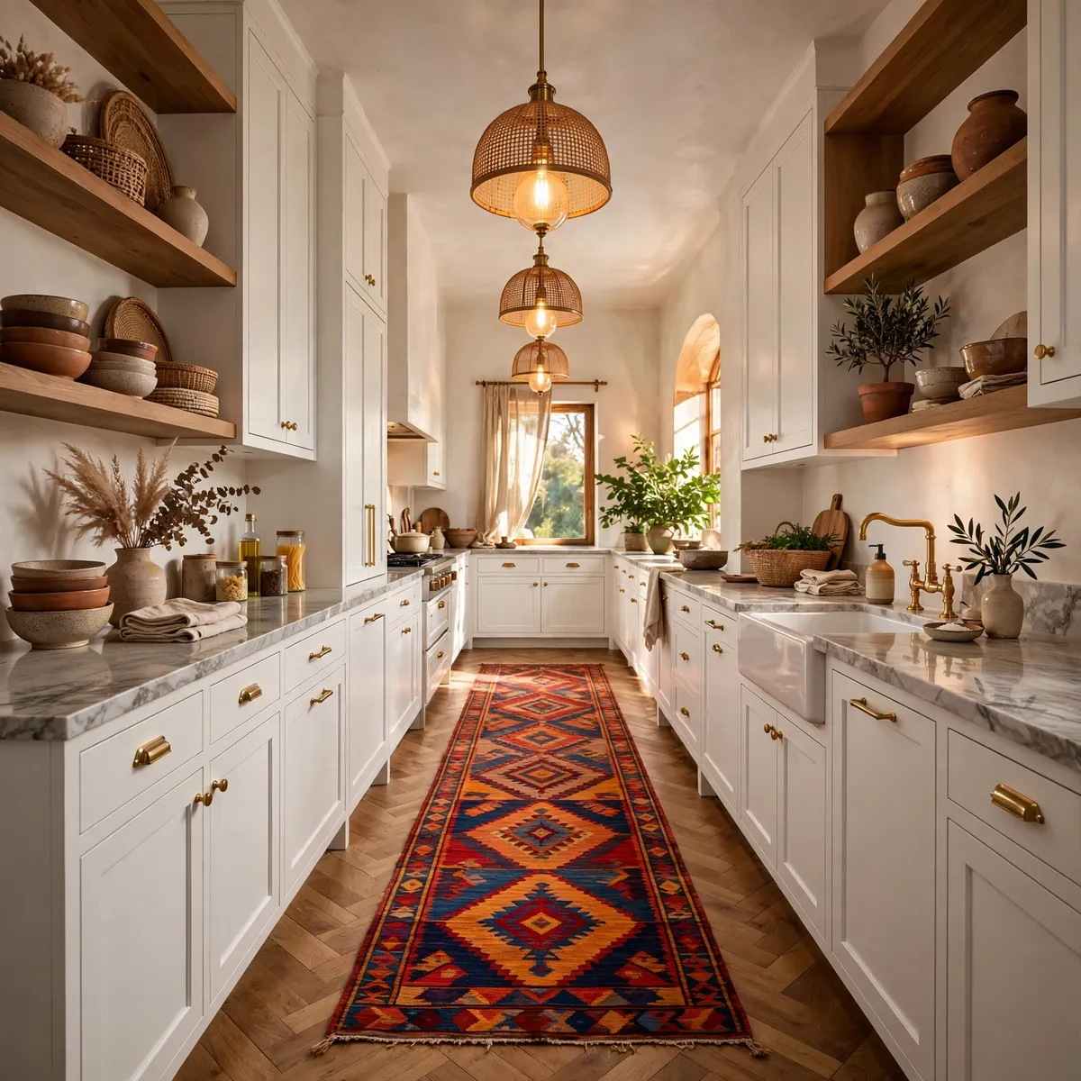 boho kitchen ideas: Lay a Kilim Runner Down the Galley