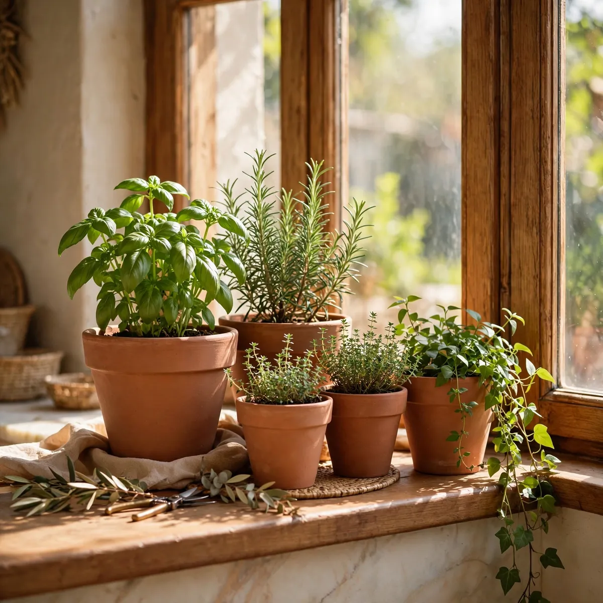 boho kitchen ideas: Cluster Terracotta Pots of Herbs on the Sill