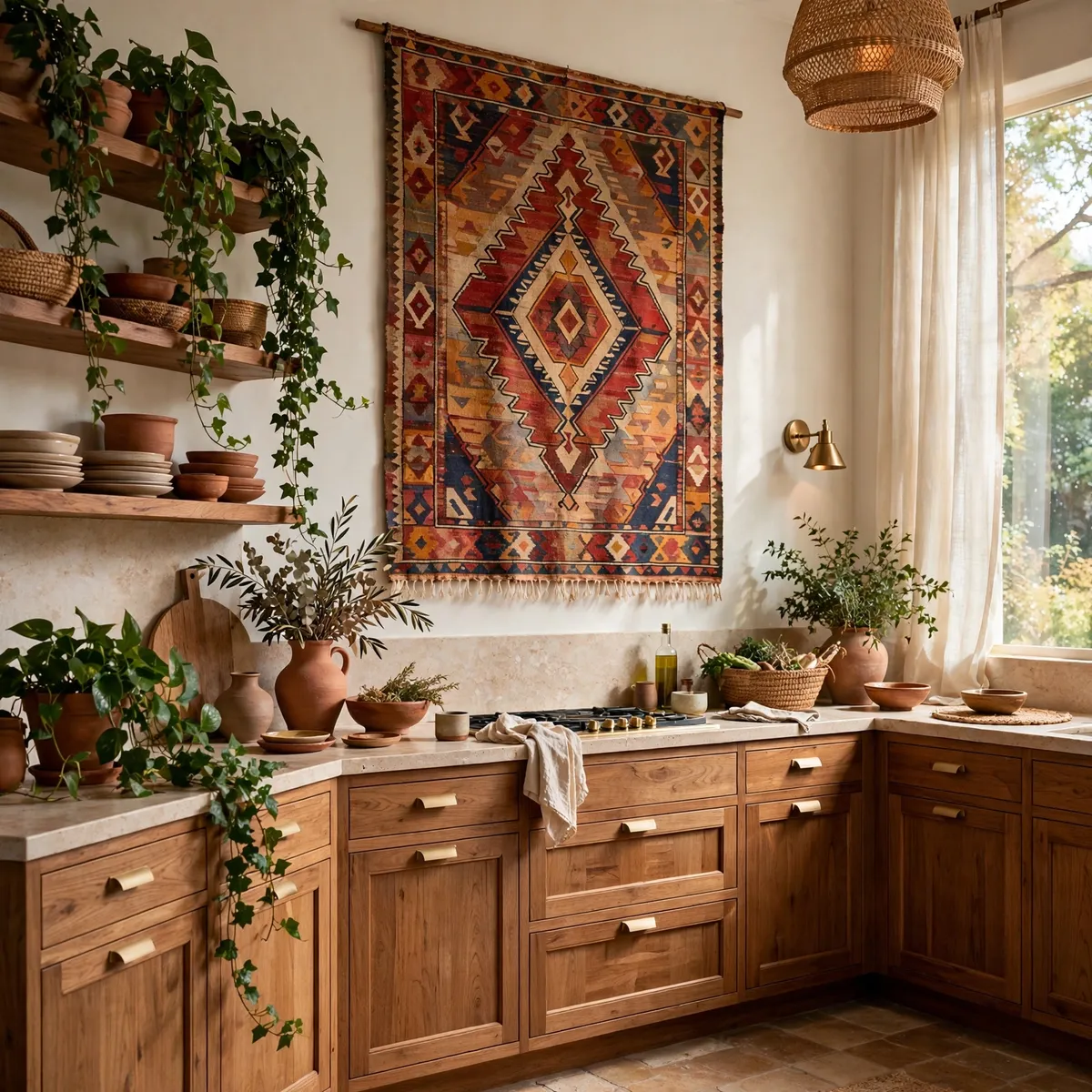 boho kitchen ideas: Hang One Big Textile as the Focal Wall