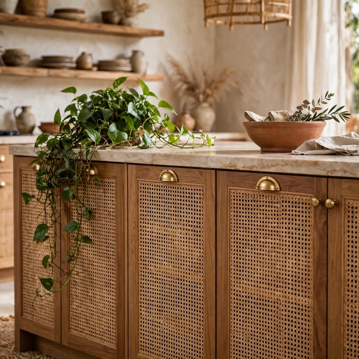 boho kitchen ideas: Swap Cabinet Fronts for Cane Webbing
