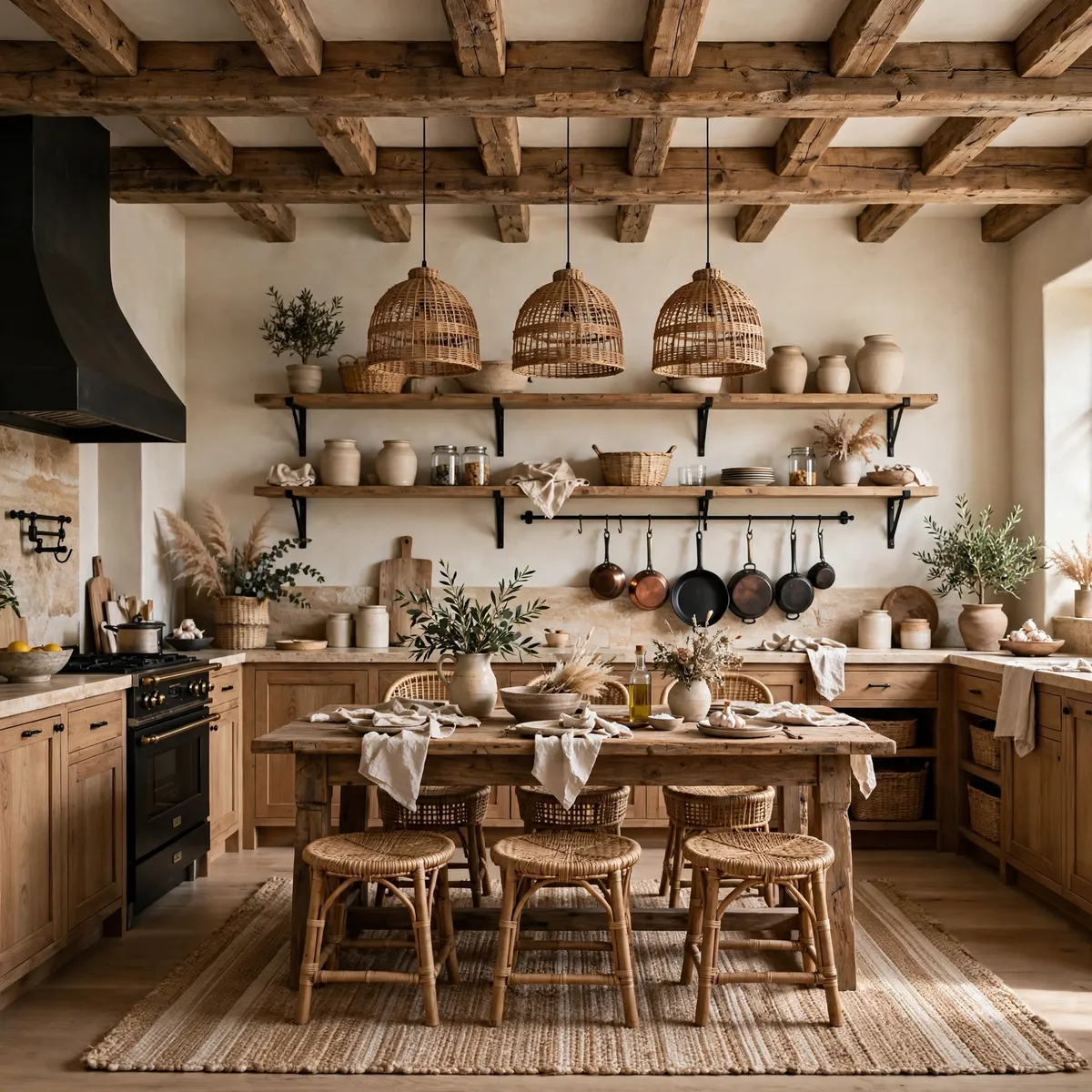 boho kitchen ideas: Mix Rustic Beams With Black Metal