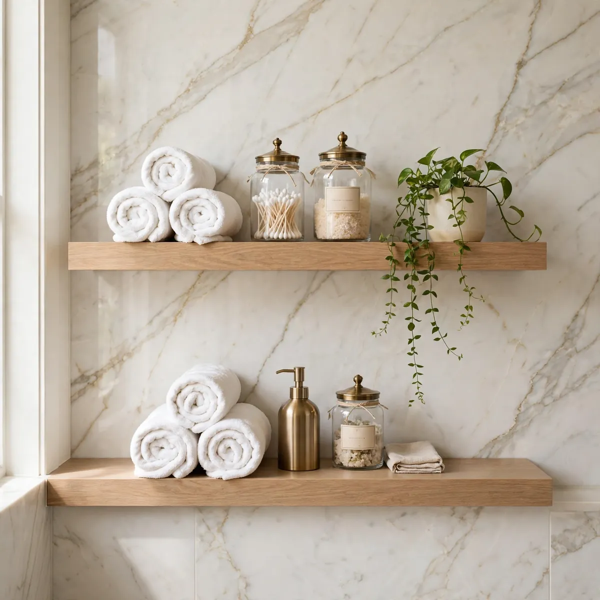 bathroom shelf decor ideas: luxury marble wall with two floating oak shelves styled in a cohesive cream, beige and brushed-brass palette