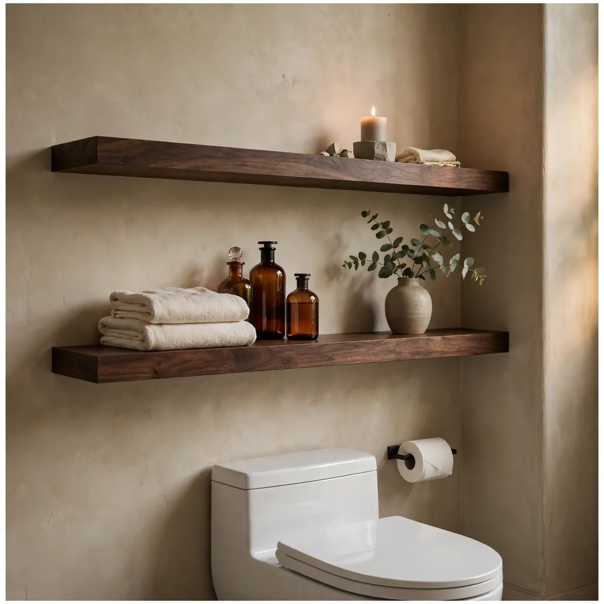 bathroom shelf decor ideas: dark walnut floating shelves above a white toilet styled with folded towels, amber bottles, eucalyptus and a candle