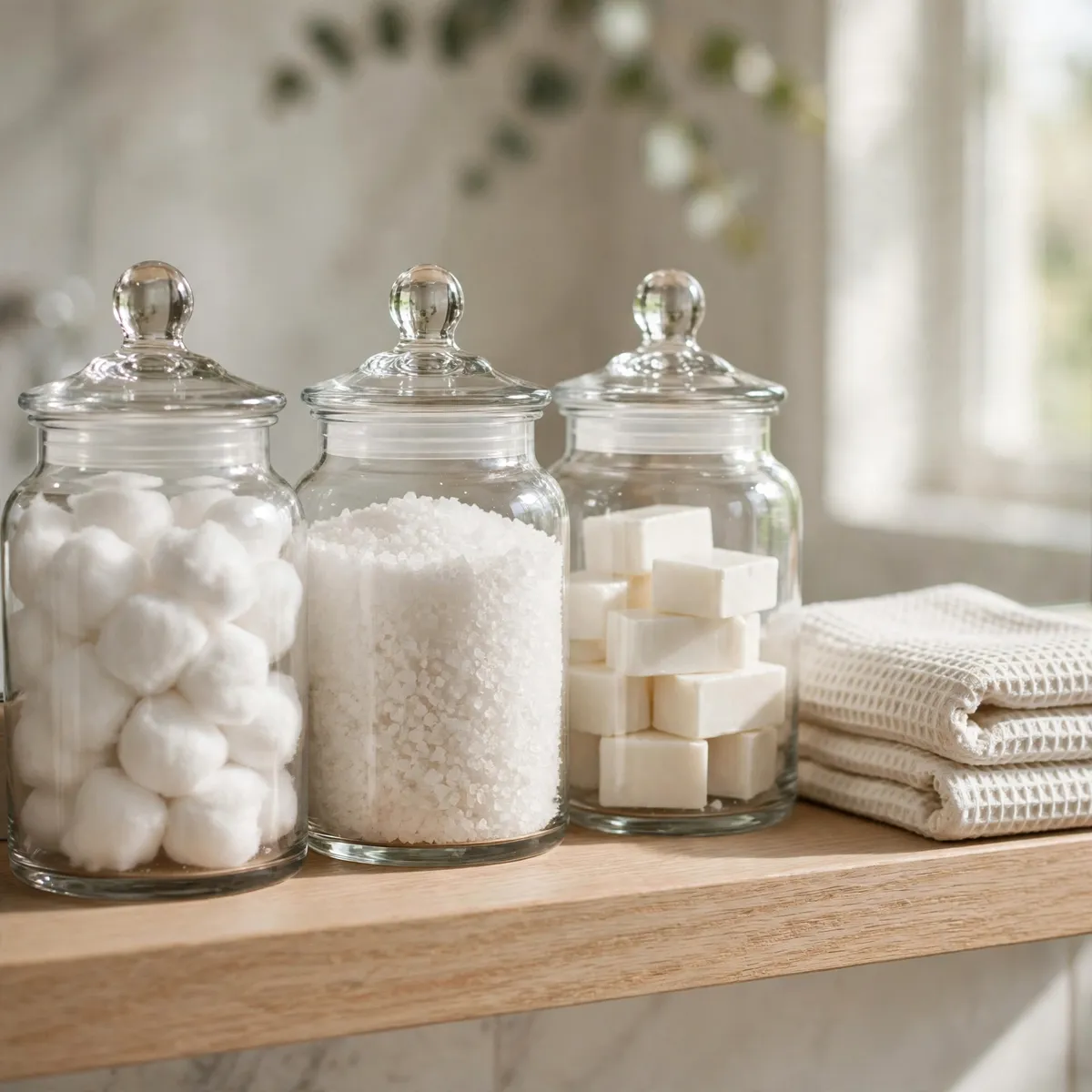 bathroom shelf decor ideas: glass apothecary jars of cotton balls, bath salts and soaps on a white oak bathroom shelf