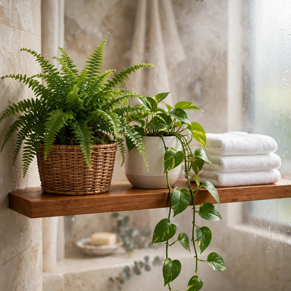 bathroom shelf decor ideas: fern in a rattan basket and trailing pothos in a ceramic pot on a teak bathroom shelf