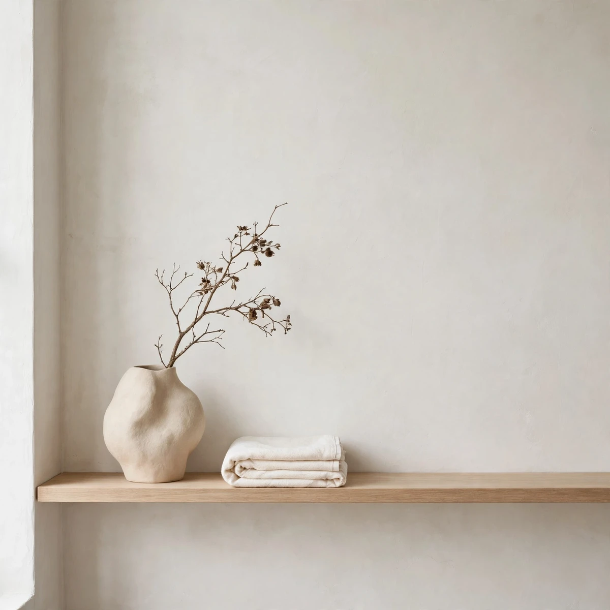 bathroom shelf decor ideas: minimalist shelf with a single sculptural vase and folded ivory towel on a pale plaster wall