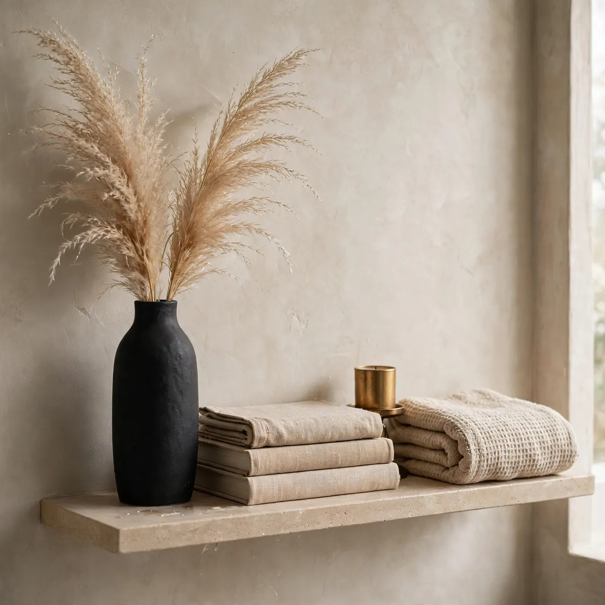 bathroom shelf decor ideas: tall black vase with pampas grass, stacked linen books and brass candle layered on a bathroom shelf