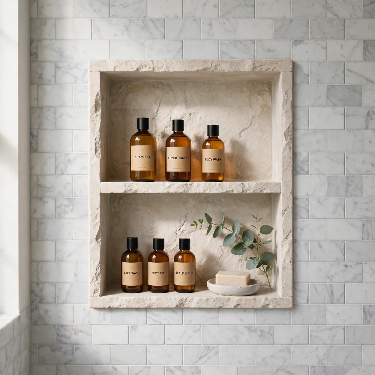 bathroom shelf decor ideas: built-in stone shower niche with amber glass bottles and eucalyptus against marble tile