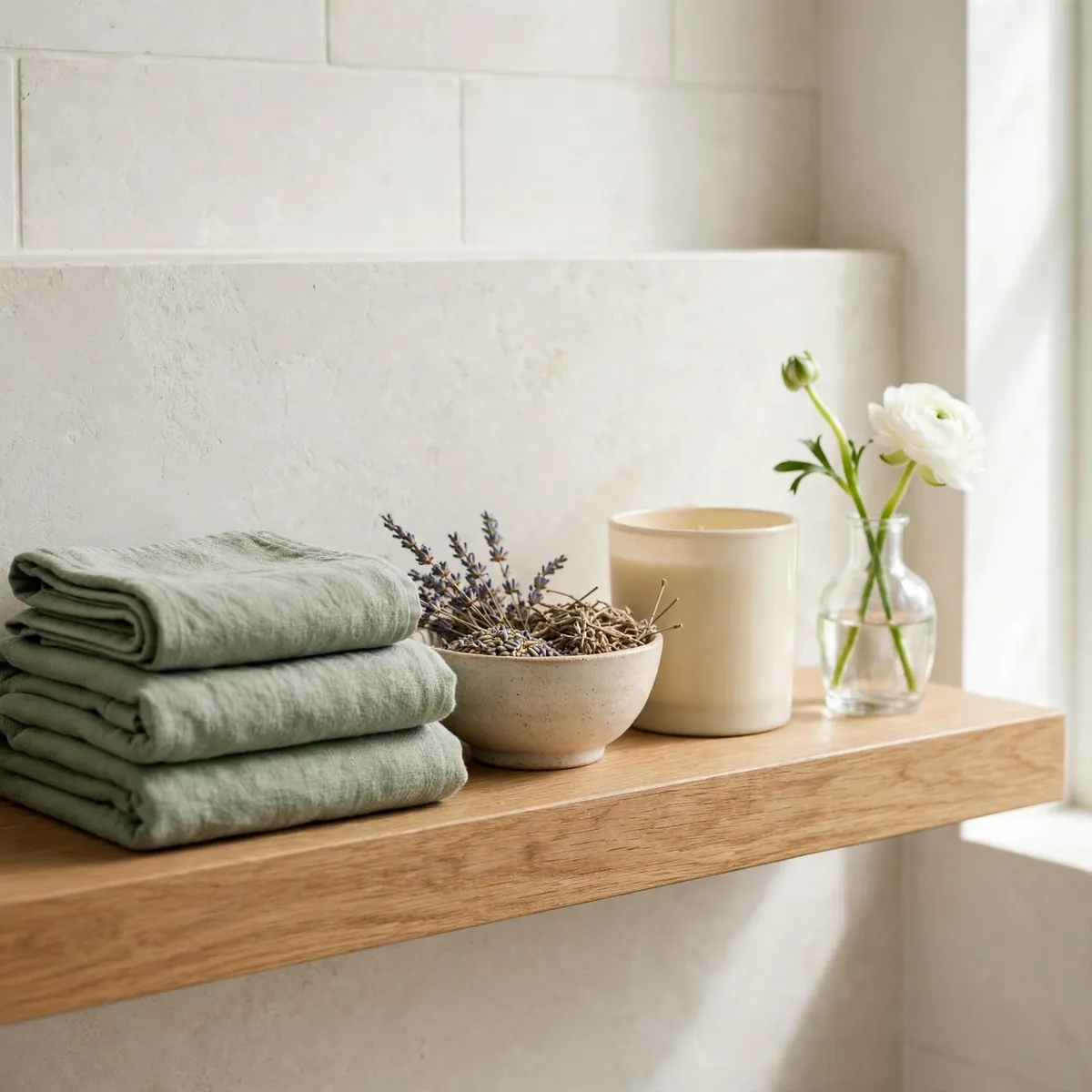 bathroom shelf decor ideas: freshly restyled oak shelf with sage towels, dried lavender bowl and a white flower in a bud vase