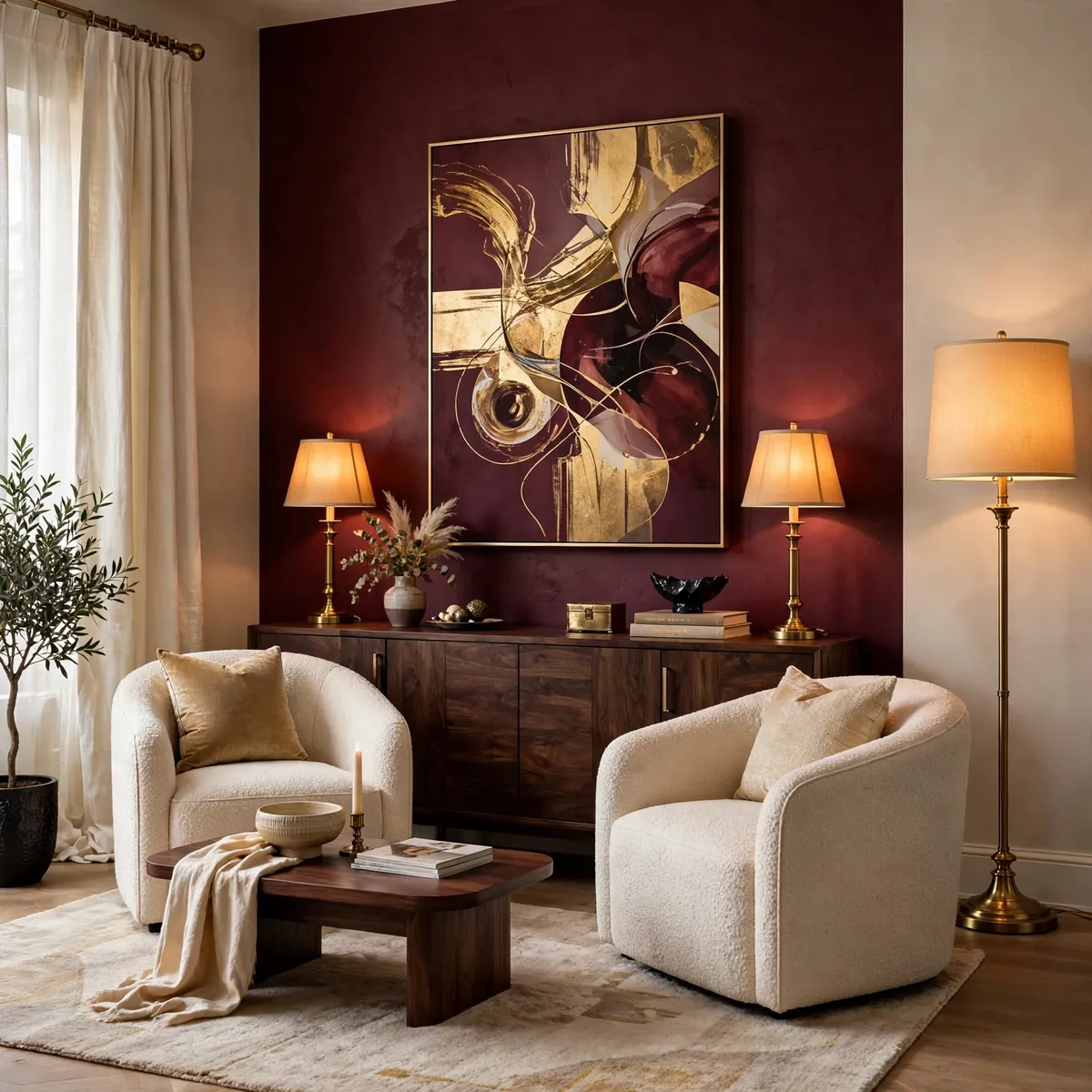 burgundy home decor ideas: living room with a burgundy feature wall, cream boucle armchairs, and brass lamps