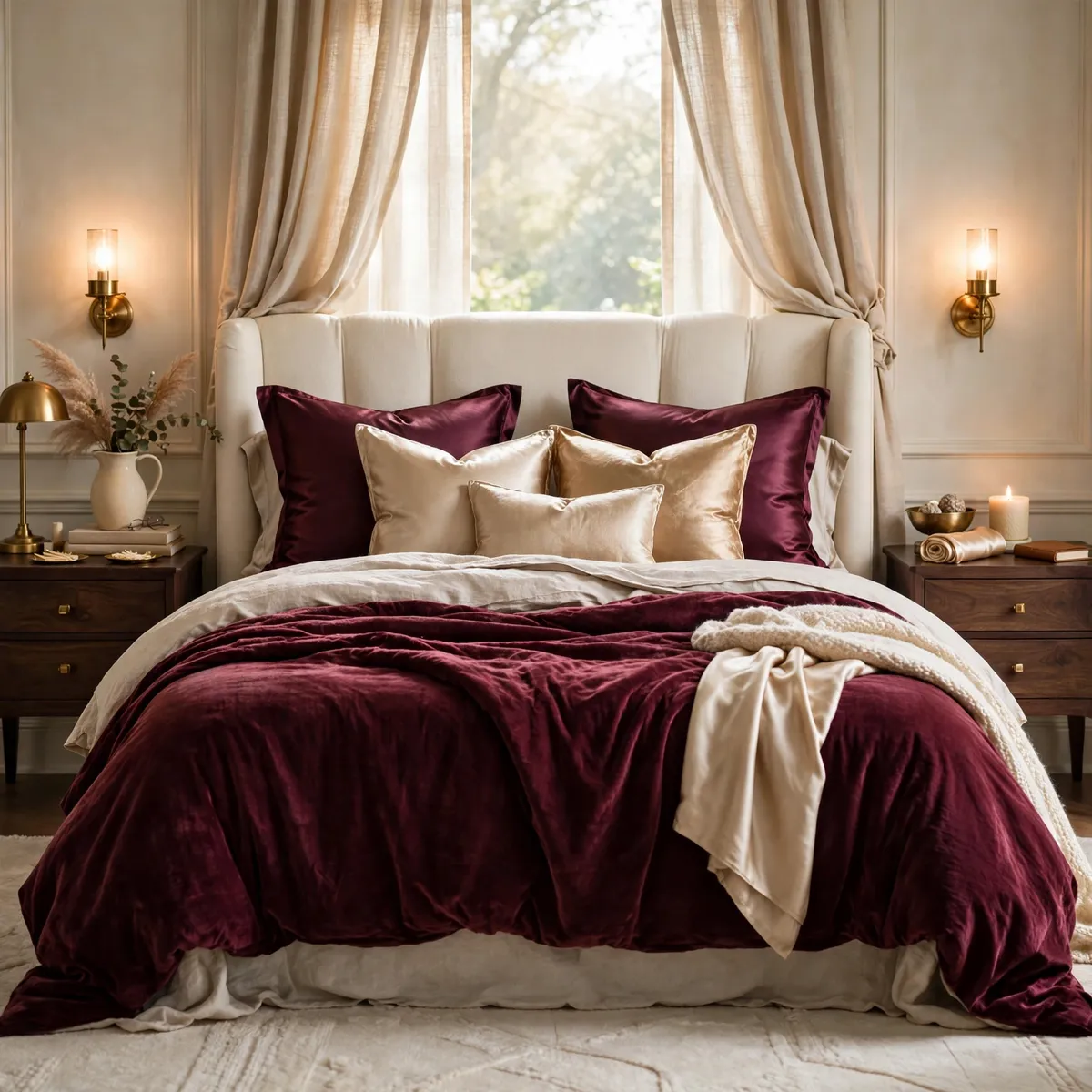 burgundy home decor ideas: bedroom with layered burgundy velvet bedding and brass wall sconces