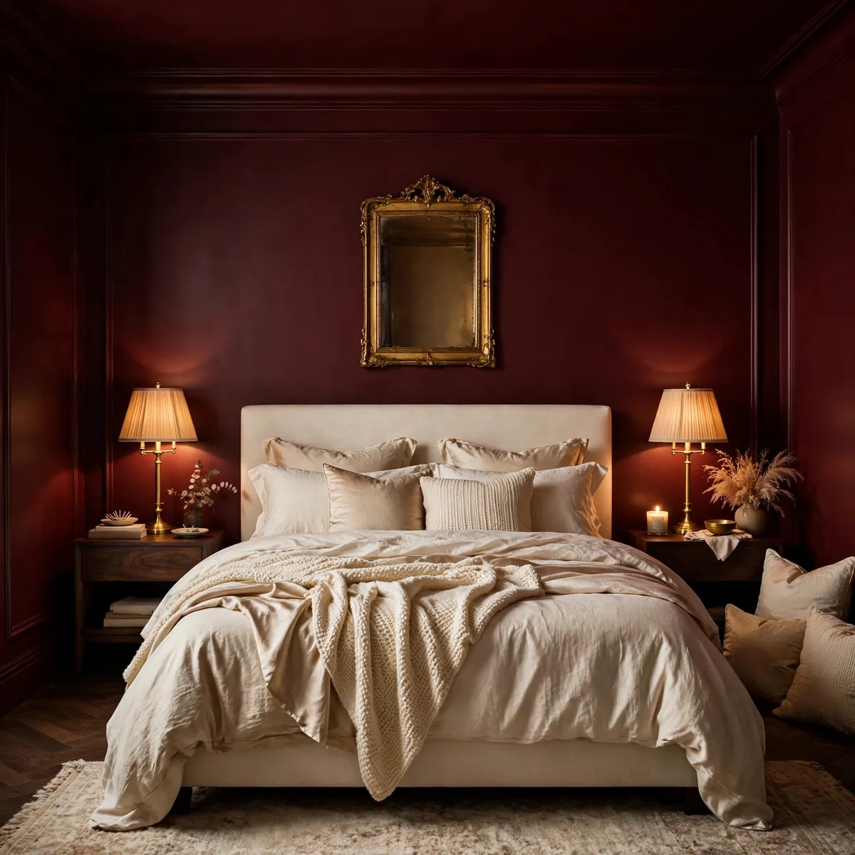burgundy home decor ideas: color-drenched oxblood bedroom with cream linen bedding and walnut nightstands