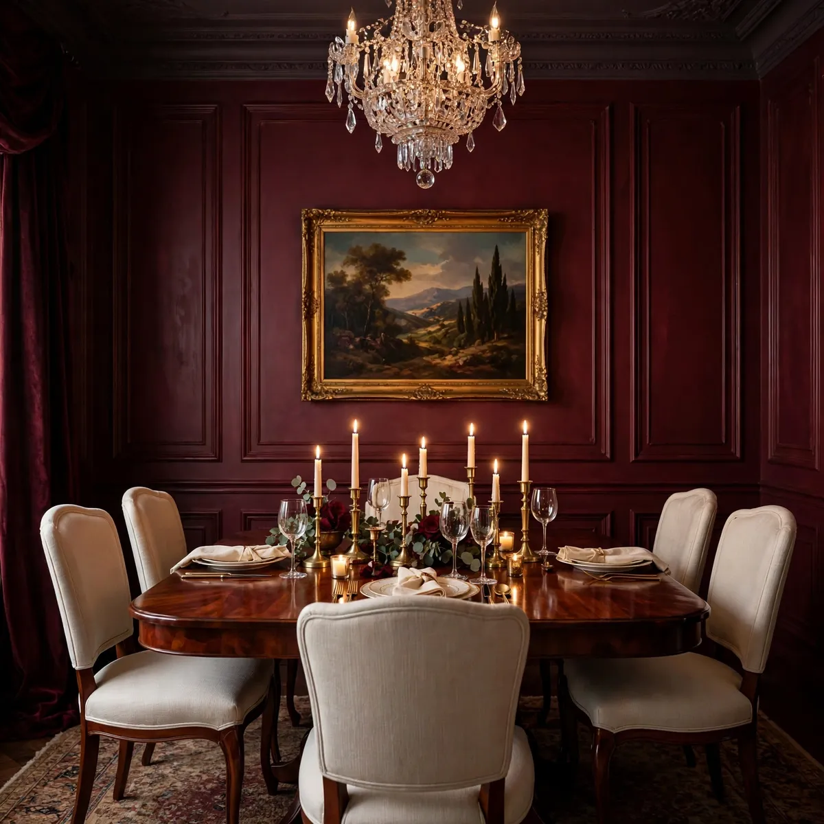 burgundy home decor ideas: candlelit dining room with burgundy walls and a mahogany table